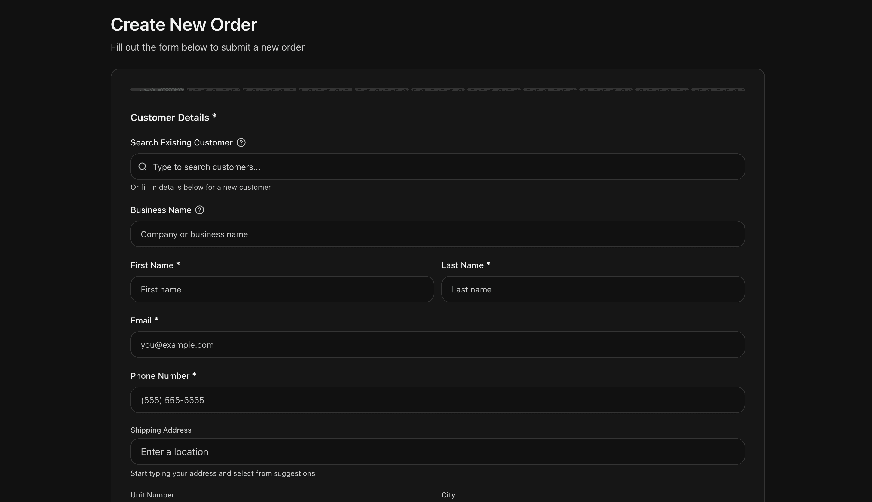 TrackLoop dashboard showing new order creation form with customer details and line items
